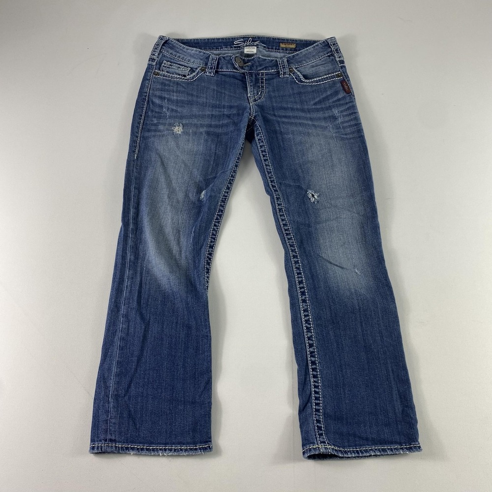 Silver Jeans Tuesday Capri Womens 29 Blue Distressed Denim Mid Rise Bootcut